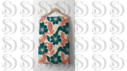 Bold retro floral fabric pattern displayed on hanging textile mockup