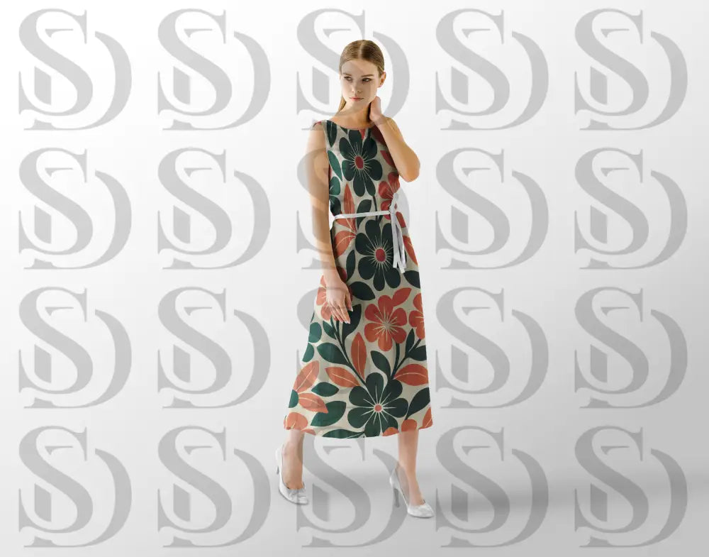 Bold retro floral seamless pattern applied on women’s sleeveless dress mockup