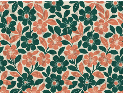 Bold retro floral seamless pattern with green and terracotta botanical flowers
