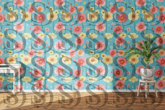 Bright blue floral wallpaper pattern used in a modern living room interior
