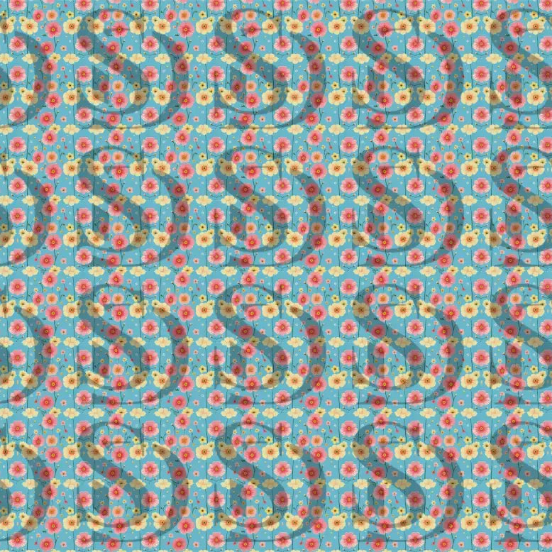Seamless blue floral pattern with pink and yellow flowers in a full repeat view
