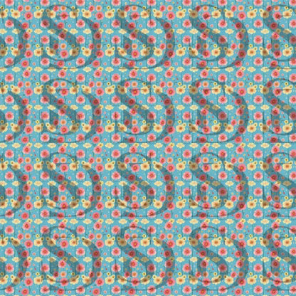 Seamless blue floral pattern with pink and yellow flowers in a full repeat view
