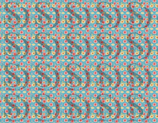 Seamless blue floral pattern with pink and yellow flowers in a full repeat view
