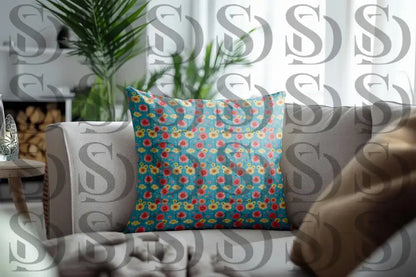 Decorative cushion featuring a cheerful blue floral seamless pattern