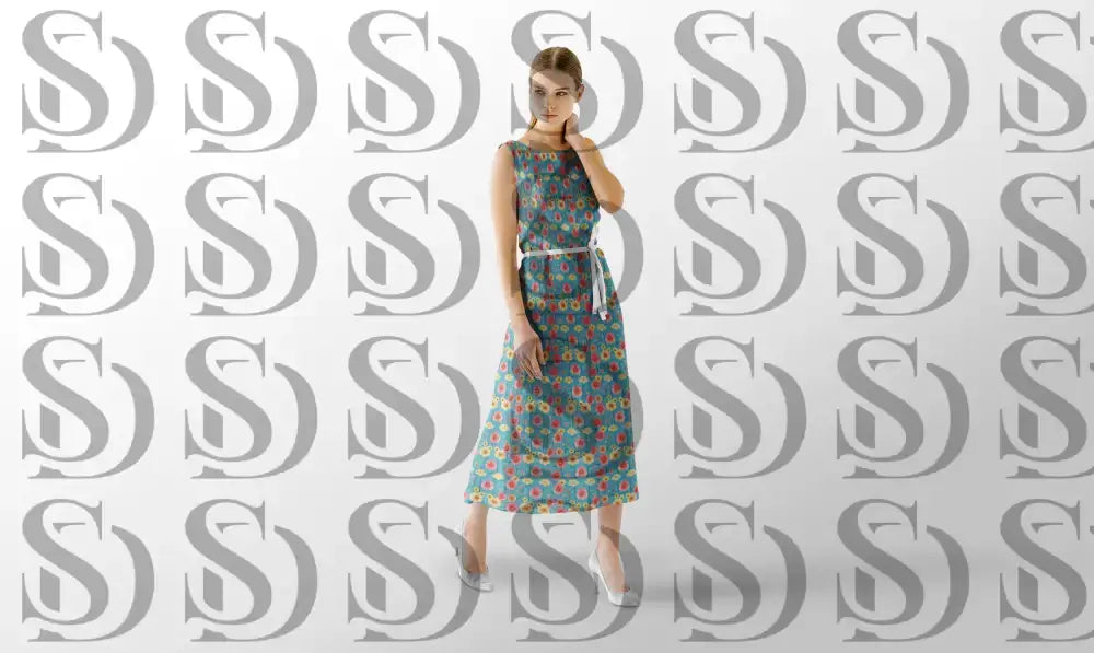 Cheerful blue floral pattern displayed on a women’s dress mockup
