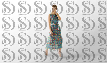 Cheerful blue floral pattern displayed on a women’s dress mockup
