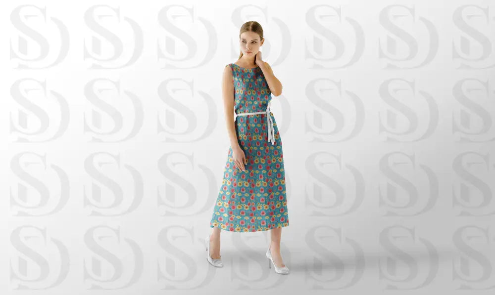 Cheerful Floral Fabric with Blue and Cream Backgrounds Fabric