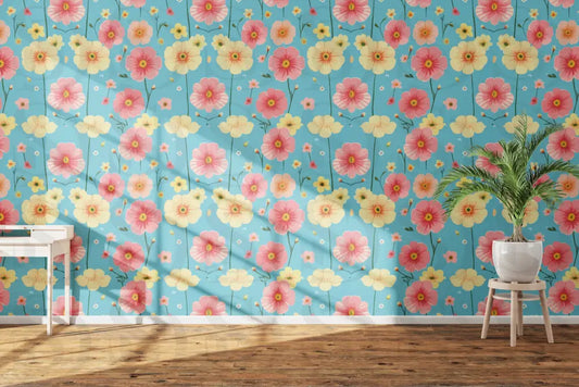 Cheerful Floral Fabric with Blue and Cream Backgrounds Fabric
