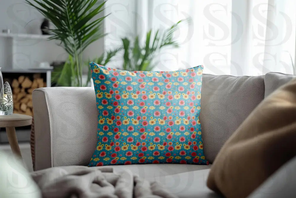 Cheerful Floral Fabric with Blue and Cream Backgrounds Fabric