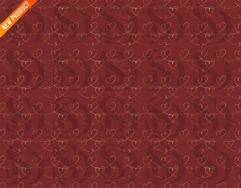 Crimson seamless pattern with elegant gold heart line motifs

