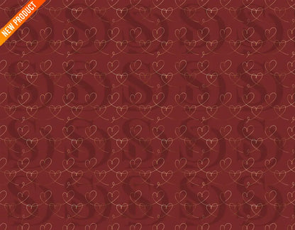 Crimson seamless pattern with elegant gold heart line motifs

