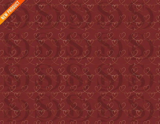 Crimson seamless pattern with elegant gold heart line motifs

