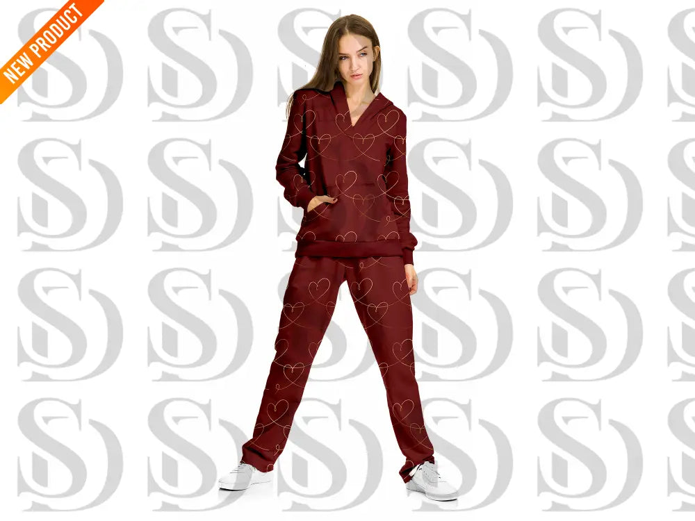 Fashion outfit mockup showcasing crimson gold heart line fabric pattern