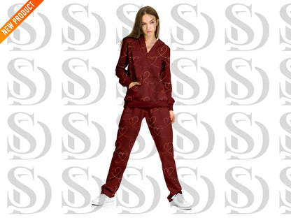 Fashion outfit mockup showcasing crimson gold heart line fabric pattern