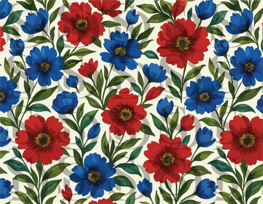 Seamless floral pattern with red and blue flowers and green leaves

