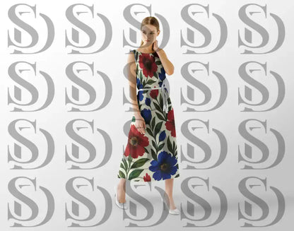 Woman wearing dress made with red and blue floral pattern
