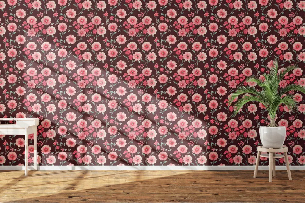 Elegant Pink Floral Pattern on Deep Burgundy Fabric