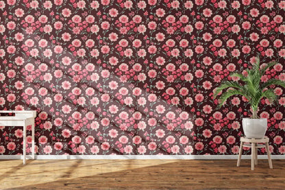 Elegant Pink Floral Pattern on Deep Burgundy Fabric