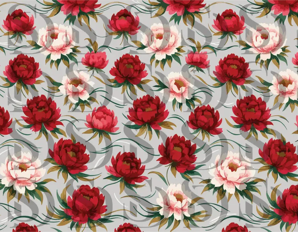 Detailed view of red and blush peony flowers with sage green leaves
