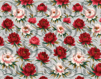 Detailed view of red and blush peony flowers with sage green leaves