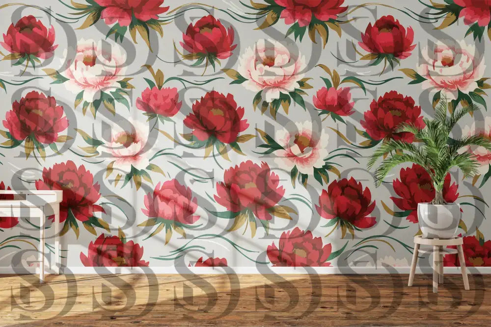 Red peony floral pattern used as a wallpaper in a modern interior setting