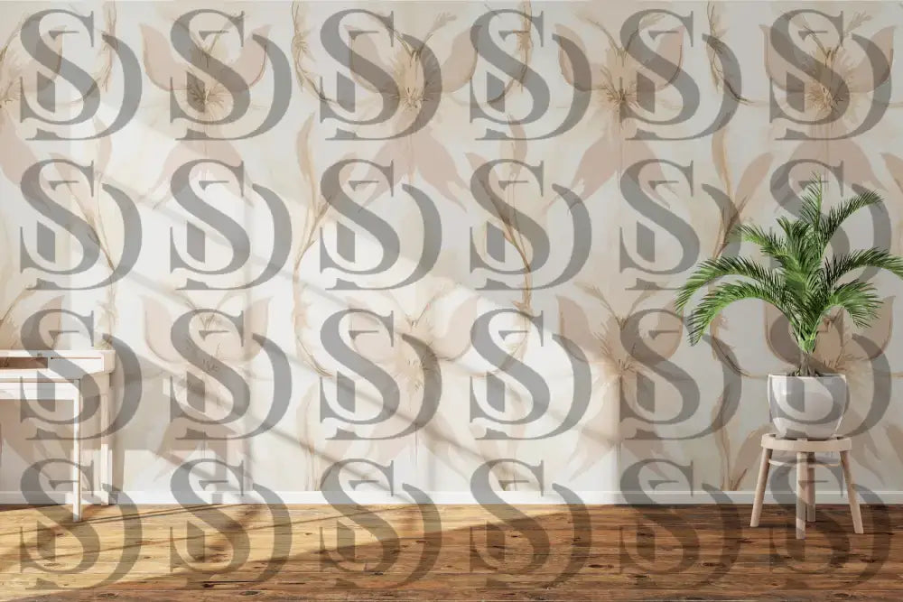 Modern neutral floral wallpaper with feather-style blooms