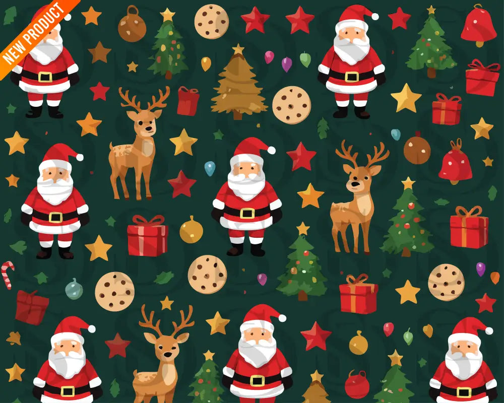 Seamless Christmas pattern featuring Santa, reindeer, stars, cookies, gifts, and trees on a deep green background.