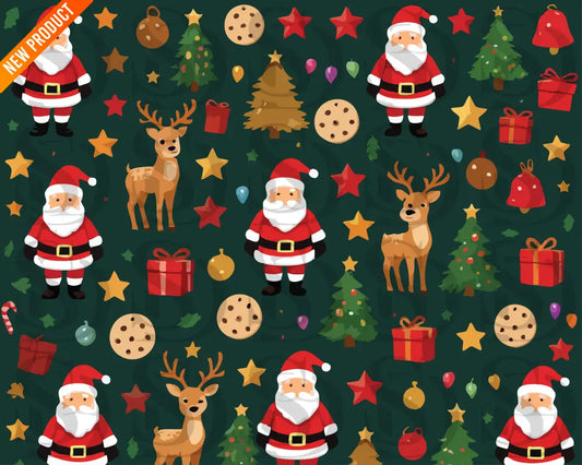 Seamless Christmas pattern featuring Santa, reindeer, stars, cookies, gifts, and trees on a deep green background.