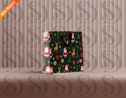 Mockup showing the Santa and reindeer Christmas pattern printed on a festive gift bag.