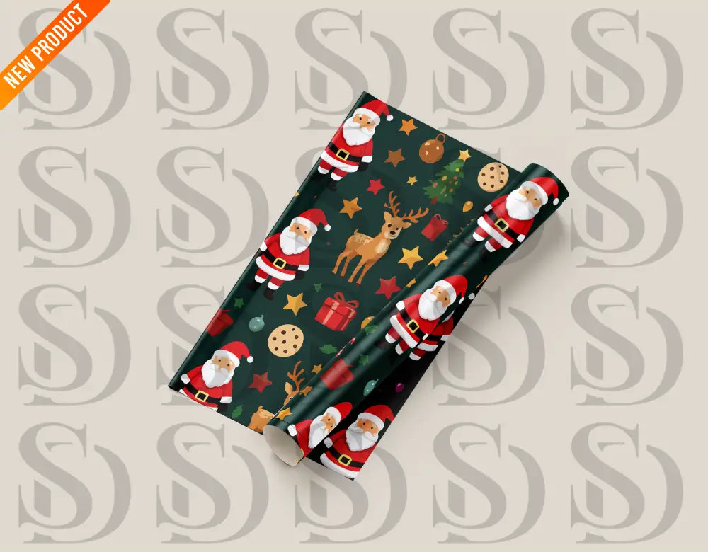 Mockup showing the Santa and reindeer Christmas pattern printed on rolled wrapping paper.