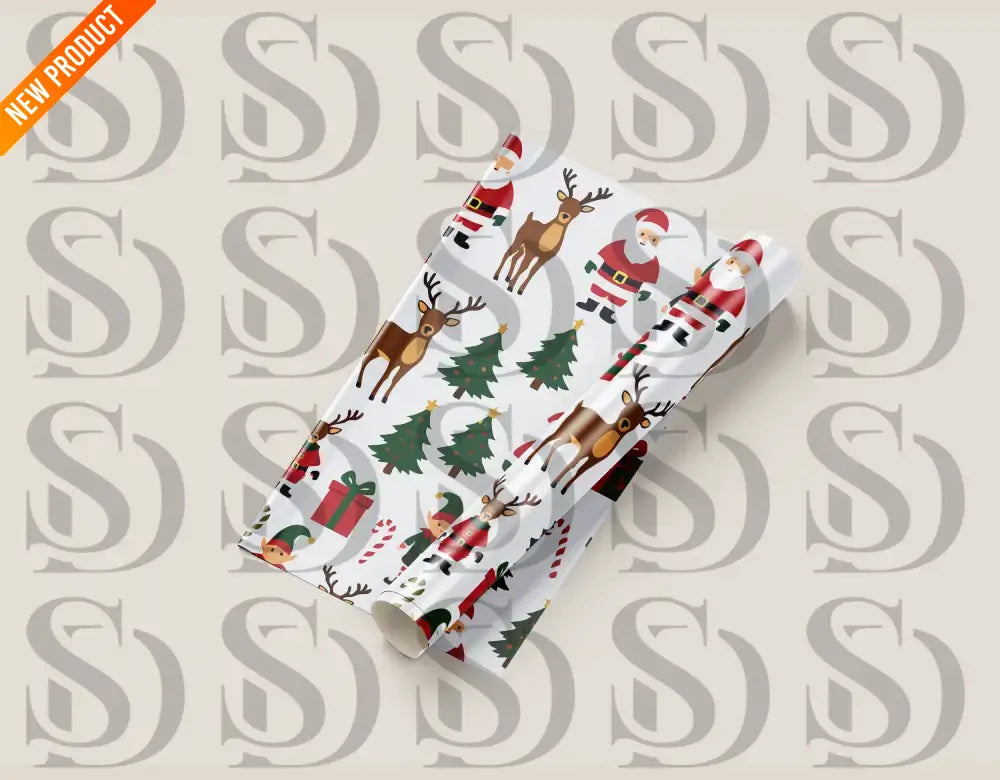 Mockup of rolled wrapping paper displaying the festive Santa and reindeer seamless holiday pattern.