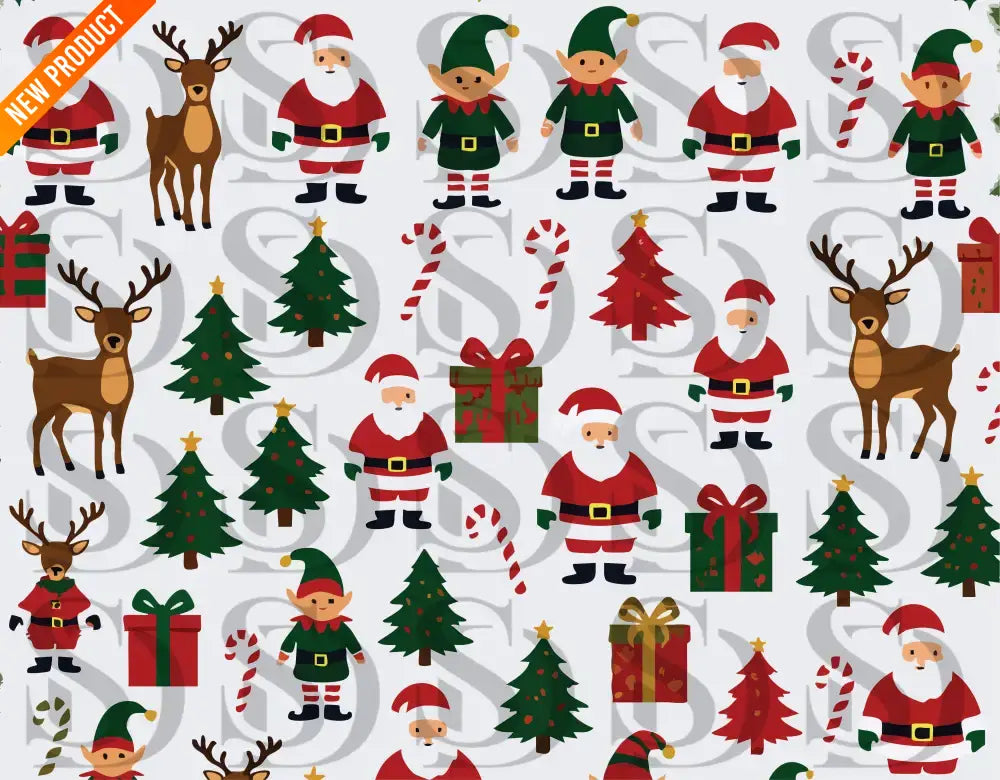 Seamless Christmas pattern featuring Santa, reindeer, elves, candy canes, Christmas trees, and presents in a modern flat illustration style.