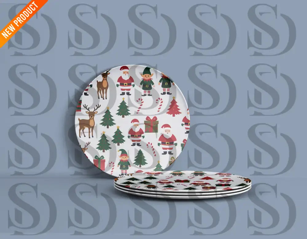 Mockup of ceramic plates featuring the festive Santa and reindeer seamless Christmas pattern.