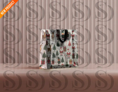 Mockup of a holiday gift bag printed with the festive Santa and reindeer seamless Christmas pattern.