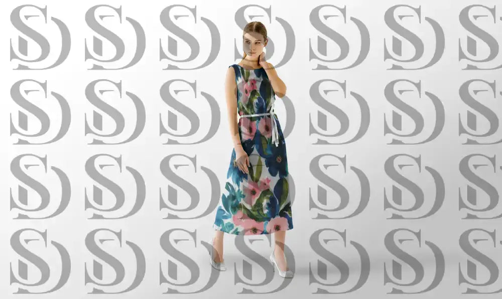 Floral paradise pattern used on elegant women’s dress mockup