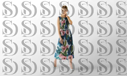 Floral paradise pattern used on elegant women’s dress mockup