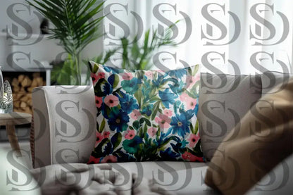 Floral paradise pattern displayed on decorative cushion mockup