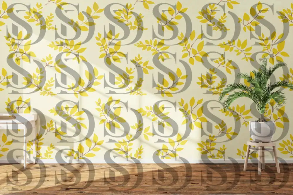 Nature inspired yellow leaf wallpaper pattern in modern interior