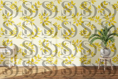 Nature inspired yellow leaf wallpaper pattern in modern interior