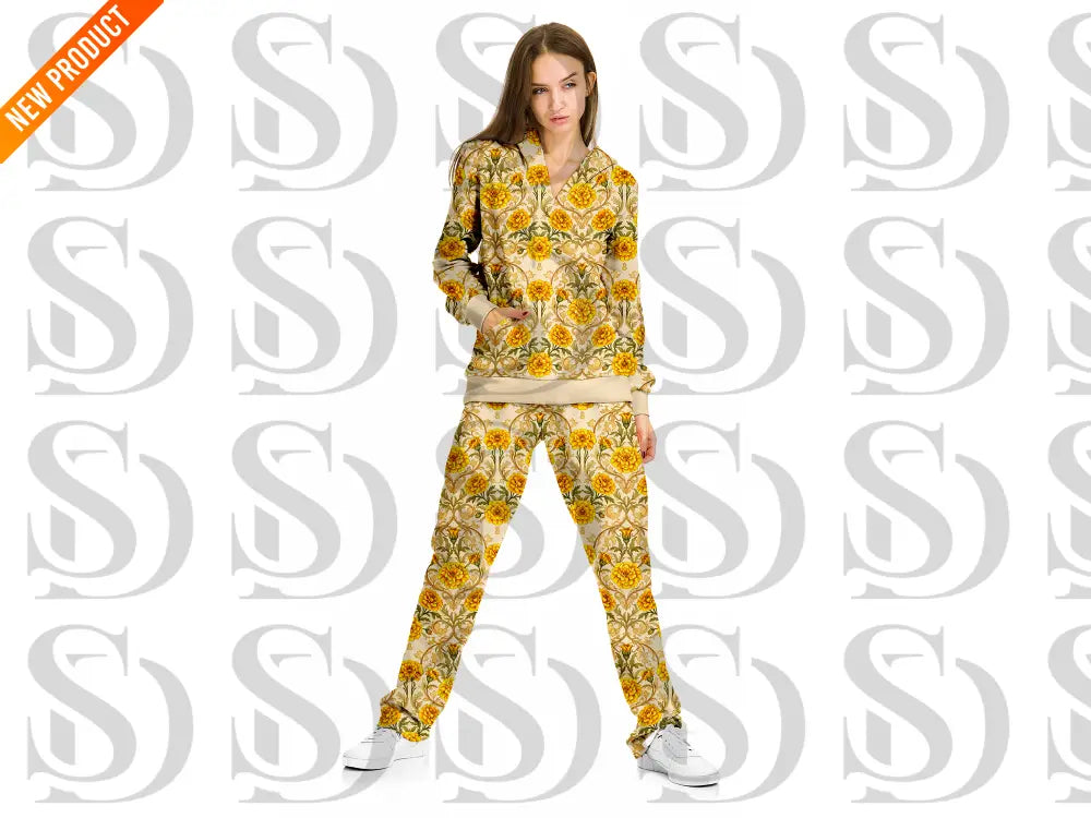 Golden marigold damask floral pattern on women apparel