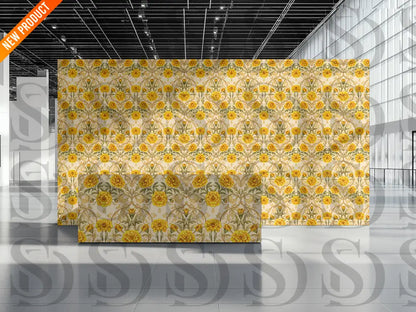 Golden marigold damask floral wallpaper interior mockup