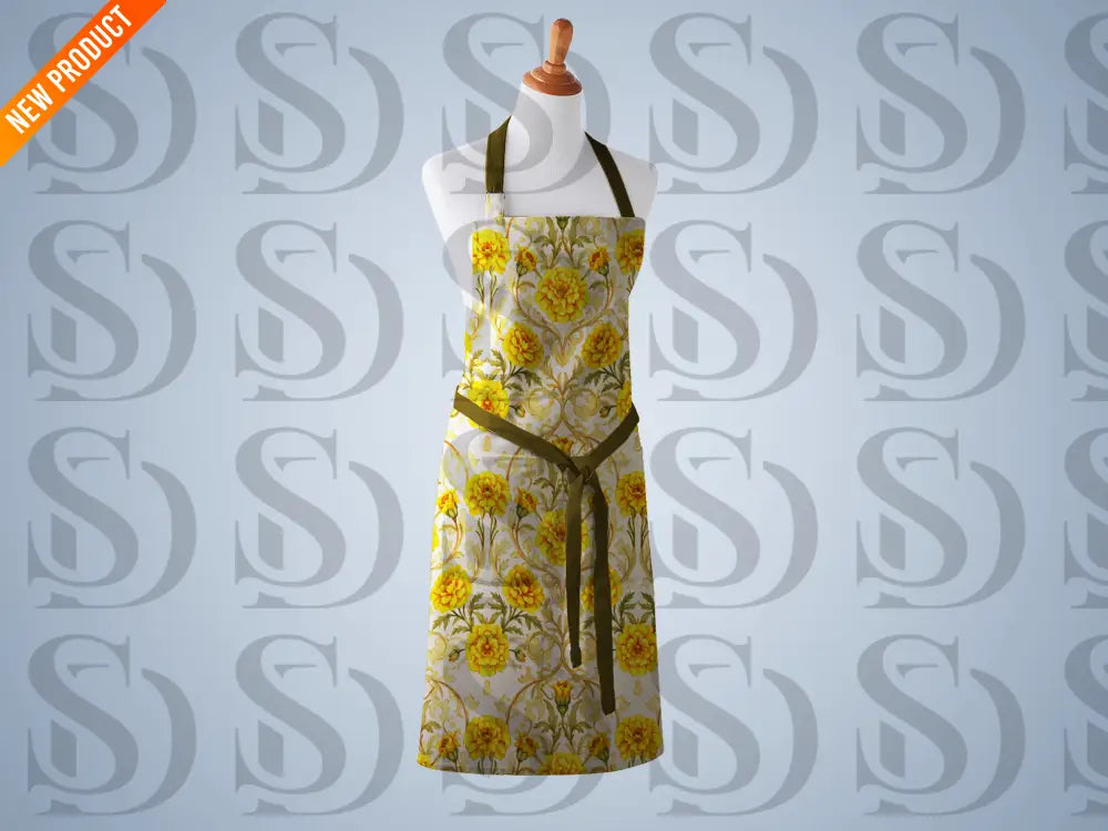 Golden marigold damask floral apron fabric mockup