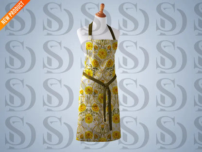 Golden marigold damask floral apron fabric mockup