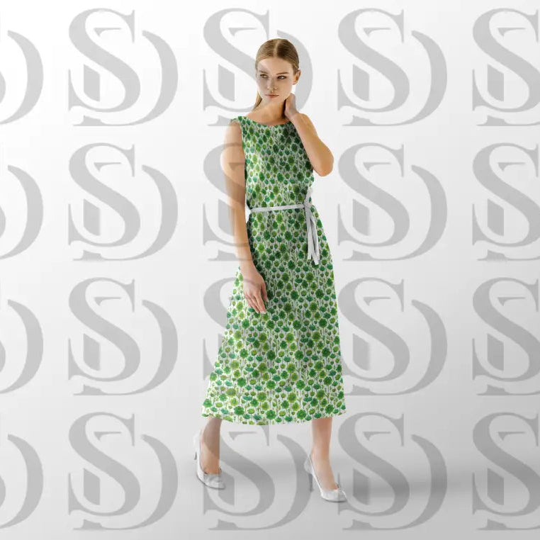 Green botanical floral seamless pattern applied to a women’s dress mockup