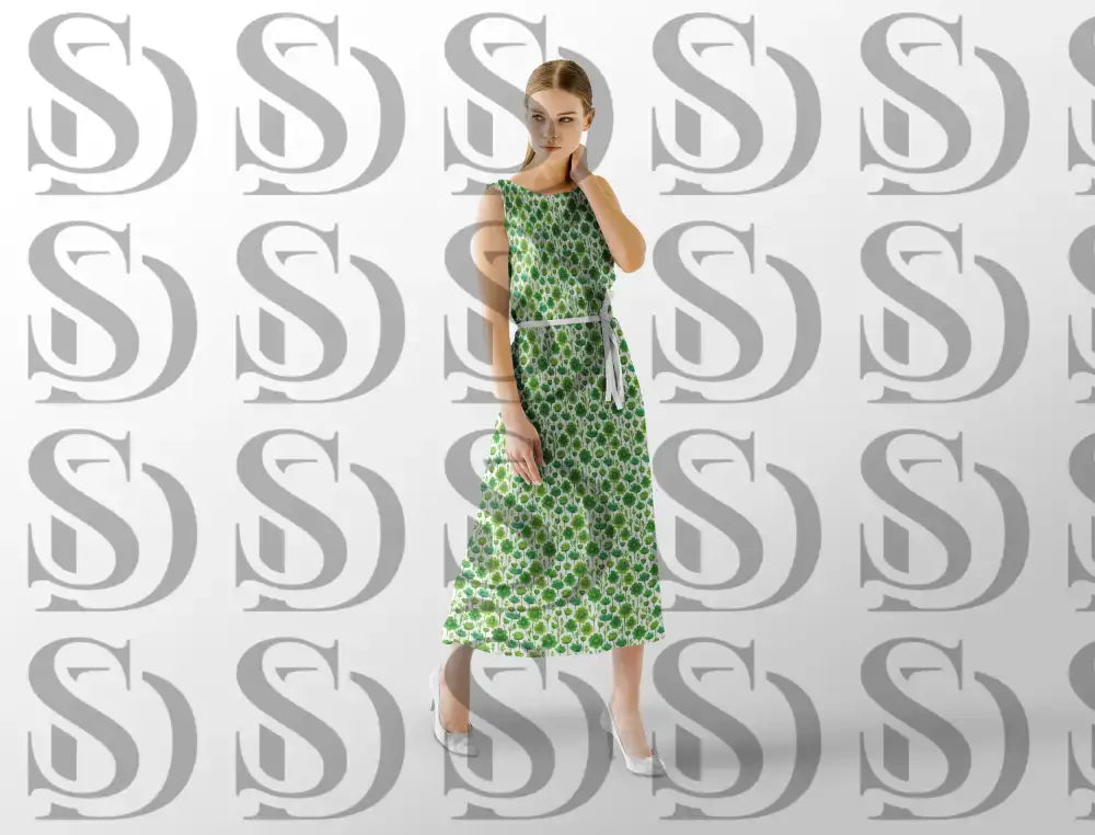 Green botanical floral seamless pattern applied to a women’s dress mockup