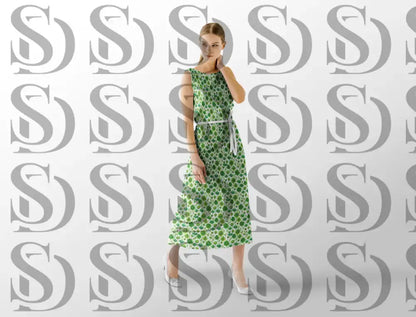Green botanical floral seamless pattern applied to a women’s dress mockup