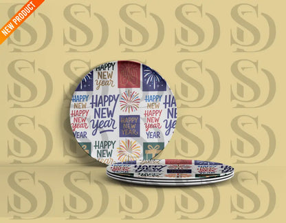 New Year celebration pattern on decorative plates with fireworks and gift boxes