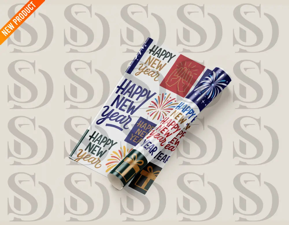 Happy New Year festive wrapping paper pattern rolled with fireworks and gifts