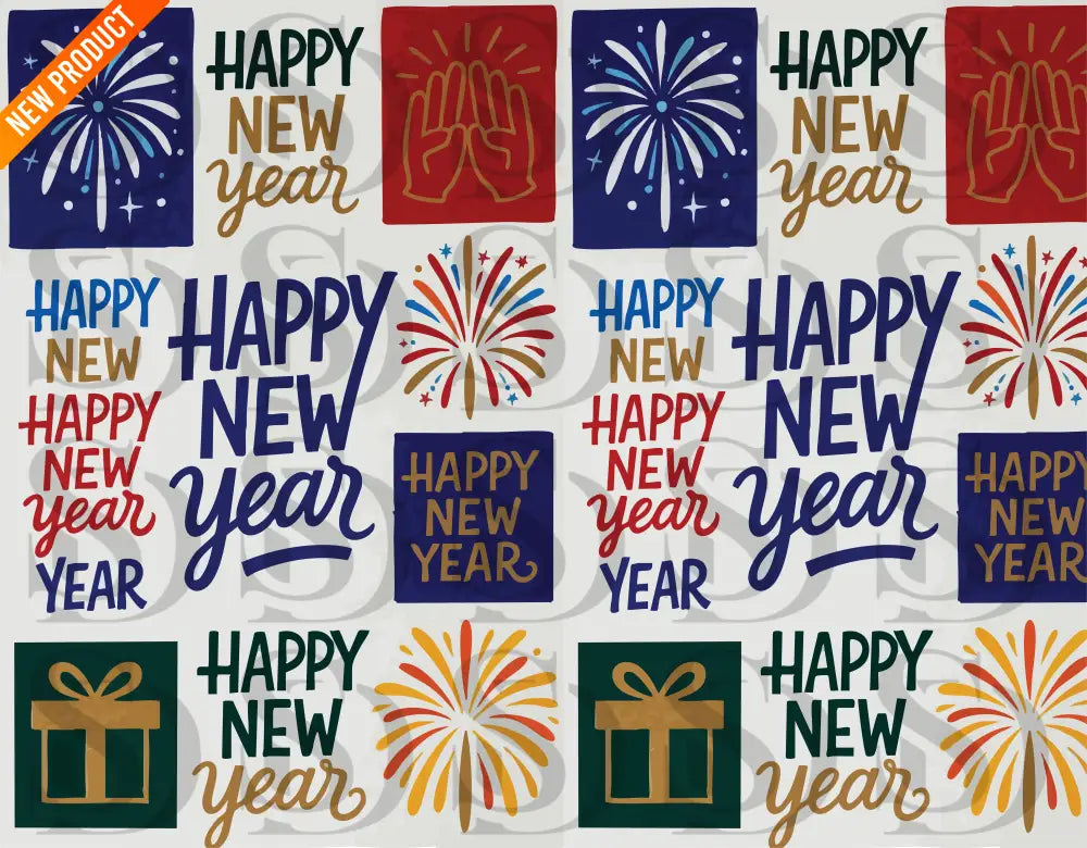 New Year celebration seamless pattern with smiley faces, fireworks, and gift boxes on a white background