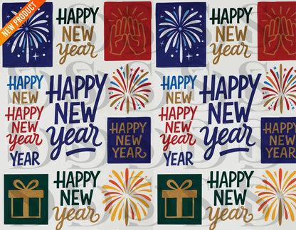New Year celebration seamless pattern with smiley faces, fireworks, and gift boxes on a white background